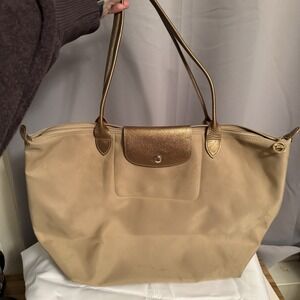 Longchamp Le Pliage Large Tan Gold Shoulder Tote Bag Purse Thick Material Neo